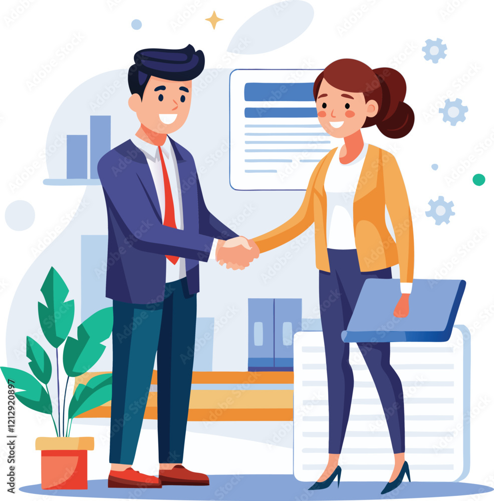 People shaking hands at work - Two businesspeople, man and woman doing handshake in office at work while smiling over business agreement and deal. Flat design stock illustration on white background People shaking hands at work - Two businesspeople, man and woman doing handshake in office at work while smiling over business agreement and deal. Flat design stock illustration on white background