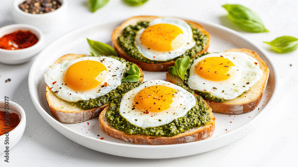 Appetizing toasts with sunny-side up eggs and fresh pesto sauce Appetizing toasts with sunny-side up eggs and fresh pesto sauce