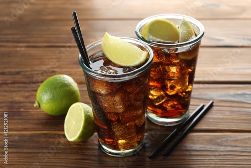 Refreshing iced cola with lemon slices and lime on wooden table, closeup