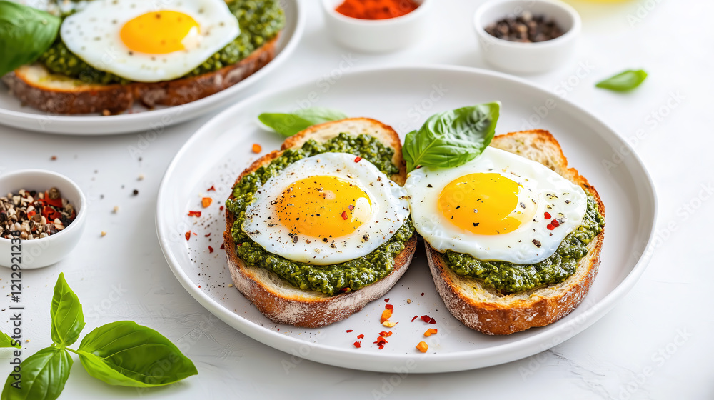 Appetizing toasts with sunny-side up eggs and fresh pesto sauce Appetizing toasts with sunny-side up eggs and fresh pesto sauce