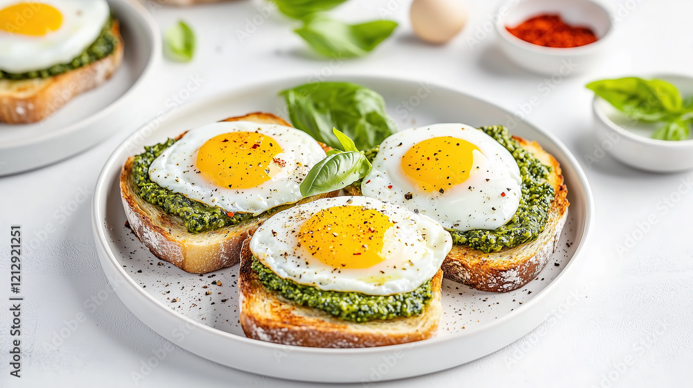Appetizing toasts with sunny-side up eggs and fresh pesto sauce Appetizing toasts with sunny-side up eggs and fresh pesto sauce