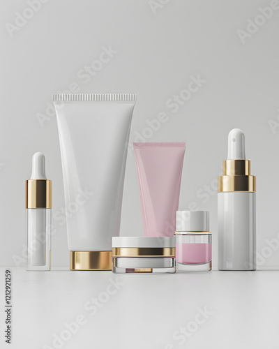 Elegant collection of skincare products displayed on a clean surface with golden accents in a well-lit setting