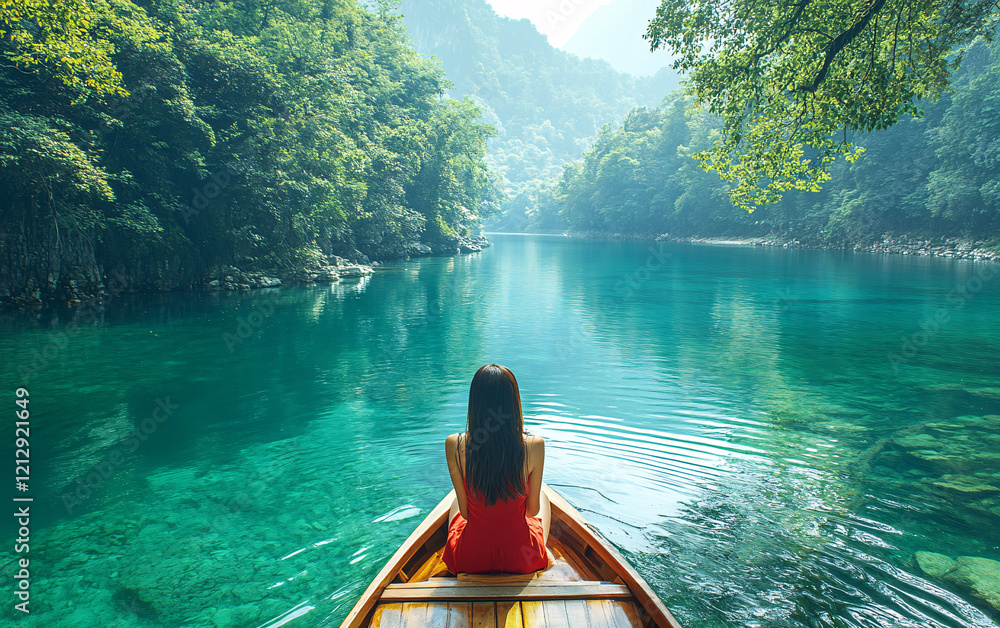 Fototapeta premium Woman in a Boat on Turquoise Waters Surrounded by Tropical Landscapes and Mountains, Capturing Travel and Relaxation Themes
