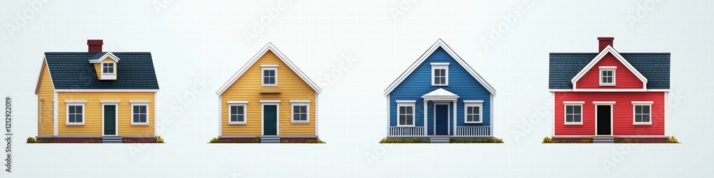 A collection of four colorful Saltbox style houses in a row, featuring a yellow house, a blue house, a red house, and a traditional-style house. Each house has distinct architectural features. A collection of four colorful Saltbox style houses in a row, featuring a yellow house, a blue house, a red house, and a traditional-style house. Each house has distinct architectural features.