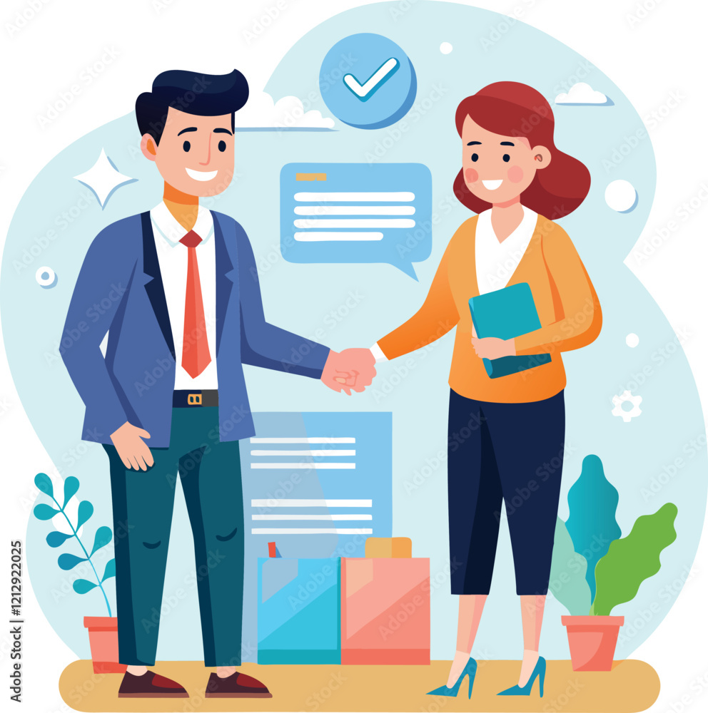 Obraz premium People shaking hands at work - Two businesspeople, man and woman doing handshake in office at work while smiling over business agreement and deal. Flat design stock illustration on white background