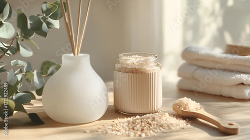 Spa-like setting with bath salts, eucalyptus, and soft towels.  Relaxing and serene atmosphere.