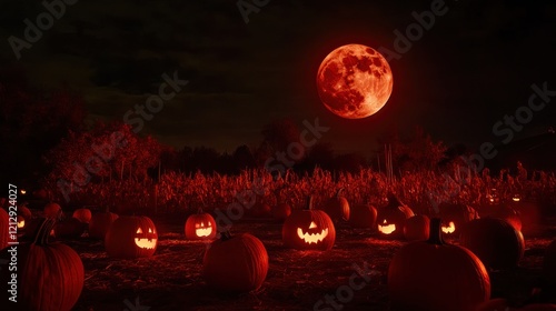 Eerie Halloween Night: Blood Moon and Jack-o'-lanterns in a Cornfield photo