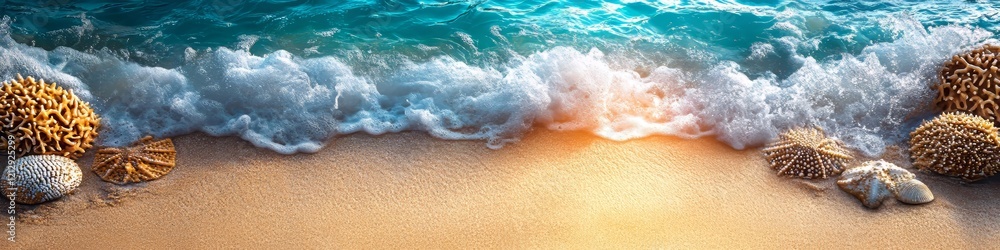Fototapeta premium Serene Seashore Ocean Waves Gently Washing Ashore on Sandy Beach with Seashells and Coral