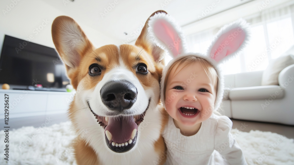 Adorable baby with bunny ears and cheerful corgi posing together in a cozy living room during Easter celebration. Concept of friendship, joy, and holiday spirit. Adorable baby with bunny ears and cheerful corgi posing together in a cozy living room during Easter celebration. Concept of friendship, joy, and holiday spirit.