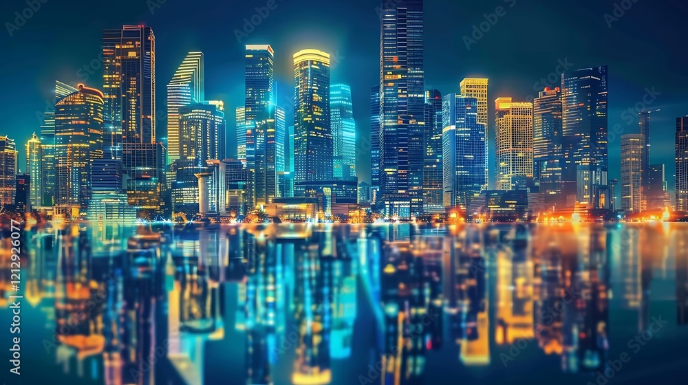 Nighttime cityscape illuminated skyscrapers reflecting water Nighttime cityscape illuminated skyscrapers reflecting water