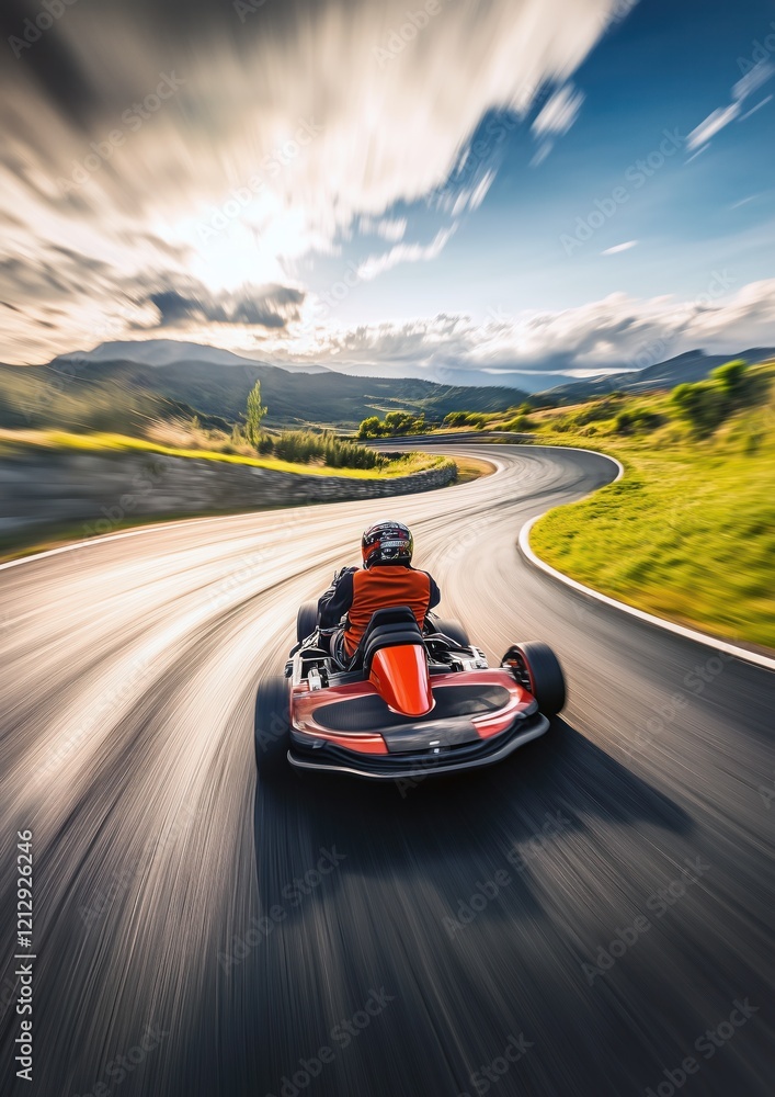 Fototapeta premium Un pilote conduisant un kart électrique, vue de dos, sur une route de montagne sinueuse, la lumière du soleil illuminant le paysage.