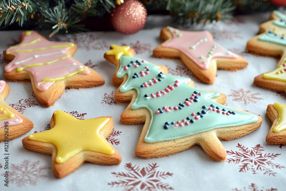 Festive cookies shaped like Christmas trees and stars decorated with colorful icing for holiday celebrations Festive cookies shaped like Christmas trees and stars decorated with colorful icing for holiday celebrations