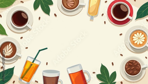 Vibrant Coffee Scene: Diverse Beveras, Colorful C, Green Leaves Against Muted Bei Background photo