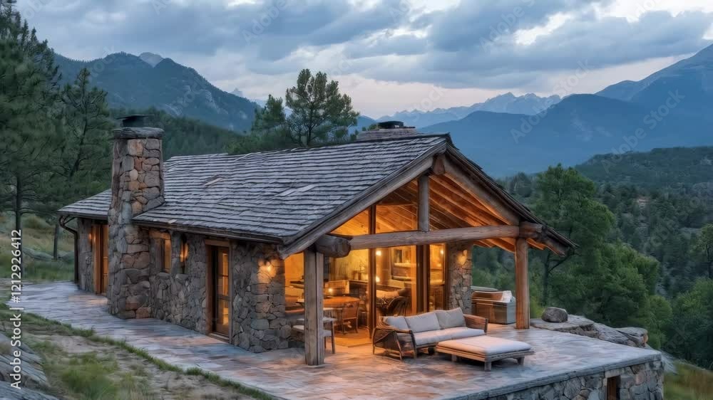 Cozy mountain cabin with glowing lights in tranquil forest landscape at dusk Cozy mountain cabin with glowing lights in tranquil forest landscape at dusk