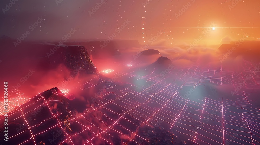 Alien Planet Gridded Landscape Underneath a Red Sky Alien Planet Gridded Landscape Underneath a Red Sky
