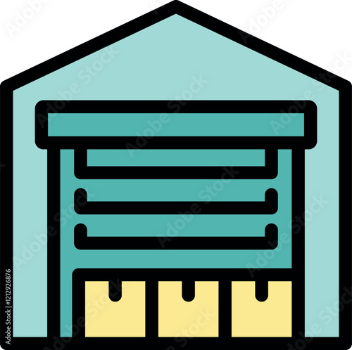 Warehouse storing goods, featuring a roller shutter door and cardboard boxes inside, symbolizing storage, logistics, and inventory management