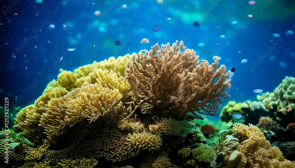 Obraz premium Vibrant underwater scene showcasing diverse coral formations and small fish swimming in a clear blue ocean. Ideal for marine life, ocean conservation, travel, and aquarium themes.
