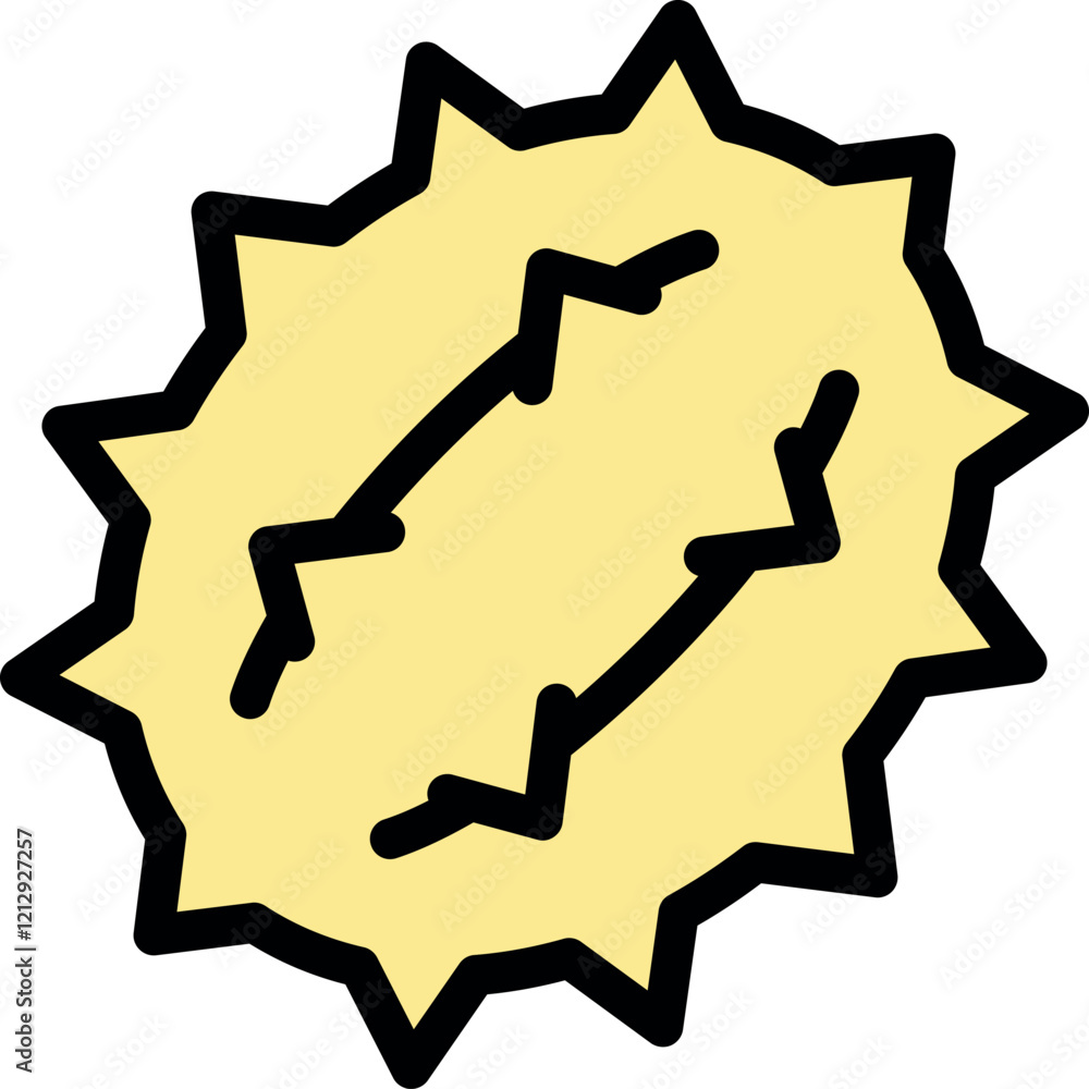 Ripe spiky yellow durian fruit cut open revealing its tasty sweet flesh, simple durian icon or logo Ripe spiky yellow durian fruit cut open revealing its tasty sweet flesh, simple durian icon or logo