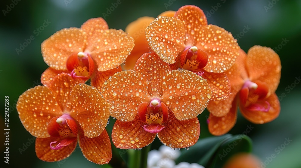 Dew-Kissed Orange Orchids in Greenhouse Dew-Kissed Orange Orchids in Greenhouse