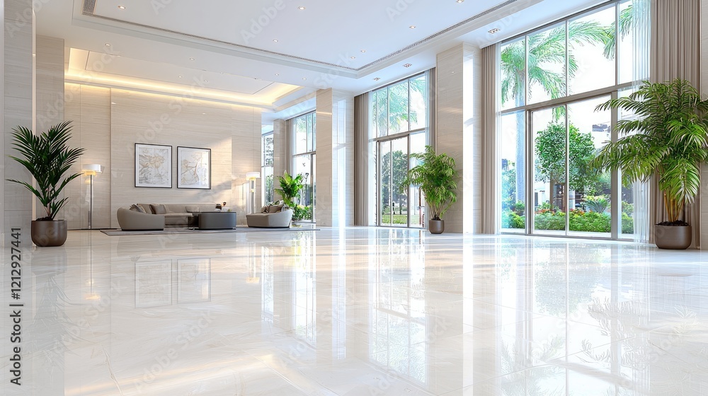 Fototapeta premium Luxurious hotel lobby with tropical view; relaxing space