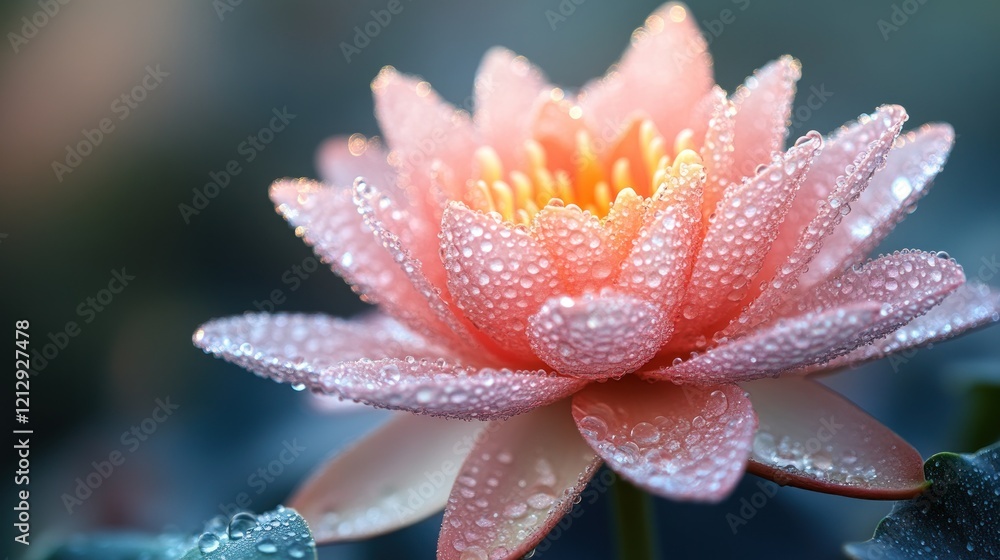 Fototapeta premium Dew-kissed Peach Water Lily in Pond, Sunrise