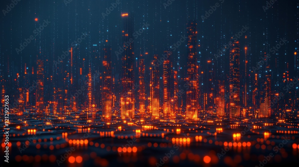 Fototapeta premium Digital city at night with data flow.