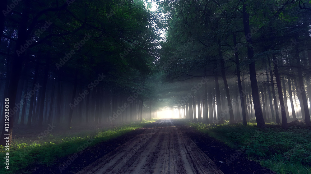 Fototapeta premium Mystical forest path bathed in morning mist, leading to a bright light. Perfect for fantasy, adventure, or naturethemed projects. Evokes feelings of hope, mystery, and journey.