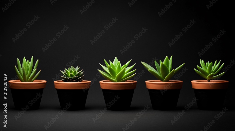 Fototapeta premium Five Succulents in Black Pots on Dark Background