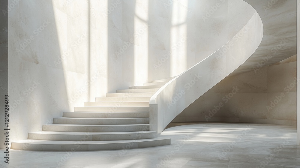 Fototapeta premium Gothic Marble Arch Staircase, Luxurious White Marble Architecture, Minimalist Gothic Interior Design with Natural Light