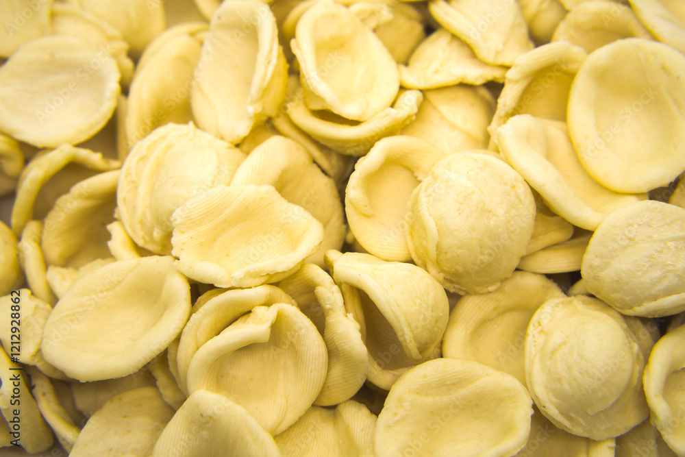 Close-up view of Orecchiette pasta Close-up view of Orecchiette pasta