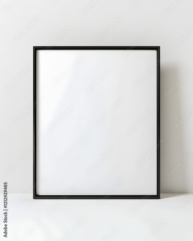 Minimalist black frame on a white wall ready for artwork display in a modern interior setting Minimalist black frame on a white wall ready for artwork display in a modern interior setting