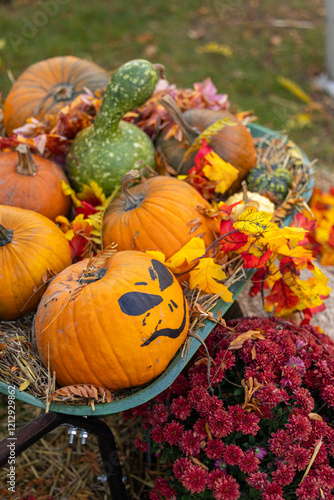 Festive autumn arrangement featuring bright orange pumpkins, colorful fall leaves, and chrysanthemums in a green wheelbarrow. A perfect seasonal decoration for fall and Halloween.