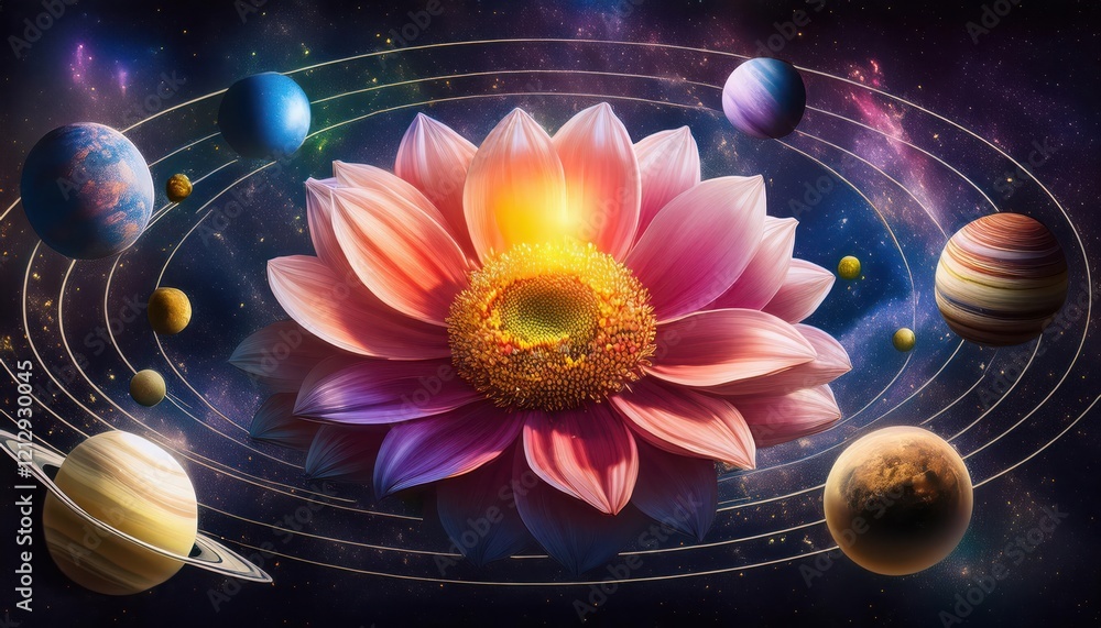 Φωτογραφία A radiant flower blooms among stars, merging nature and the universe in spring harmony