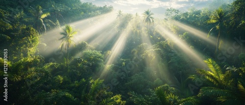 Lush tropical rainforest with sun rays filtering through dense foliage, creating a serene atmosphere photo