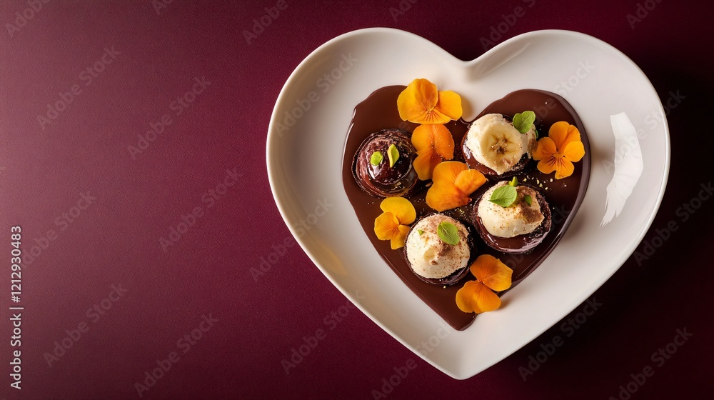 A heart-shaped porcelain dish with caramelized bananas, pistachio pralines, and chocolate mousse cups, on a deep burgundy background A heart-shaped porcelain dish with caramelized bananas, pistachio pralines, and chocolate mousse cups, on a deep burgundy background