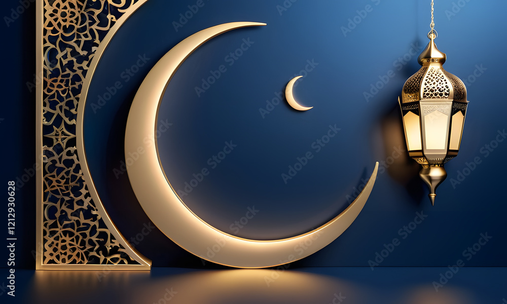 Fototapeta premium Golden lanterns with candles, and crescent stars on a dark blue background. Perfect for Ramadan, Eid, or festive greeting cards