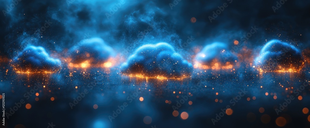 Naklejka premium Glowing Nebula Clouds with Sparkling Dust: Abstract Cosmic Scene, Digital Art, Celestial Background, Mystical Energy, Vivid Colors, Fantasy Illustration