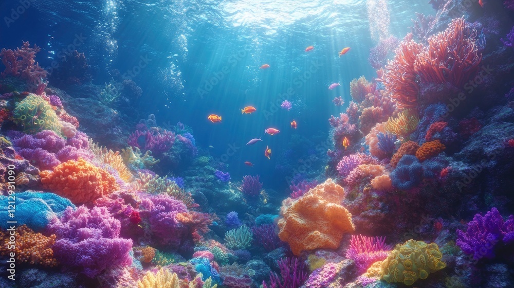Naklejka premium Vibrant underwater coral reef teeming with colorful fish, illuminated by sunbeams above