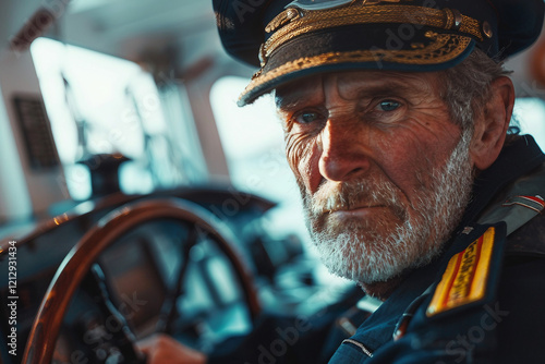 Generative AI image of confident ship captain aboard cruise liner, showcasing marine travel themes photo