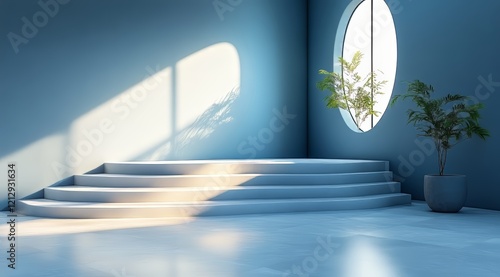 Serene Blue Room with Modern Steps and Sunlight