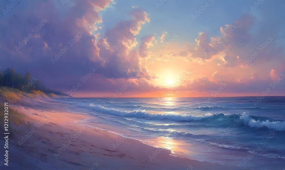 Serene sunset over sandy beach with gentle waves and distant trees. Serene sunset over sandy beach with gentle waves and distant trees.