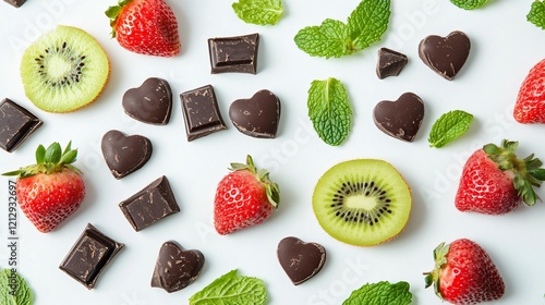 A minimalist sweetbox featuring kiwi slices, strawberry and dark chocolate chunks, surrounded by fresh mint leaves, on a white matte surface photo