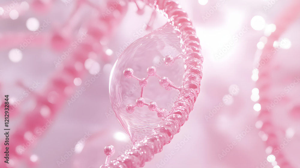 Fototapeta premium Cosmetic Essence, Liquid bubble, Molecule inside Liquid Bubble on DNA water splash background, 3d rendering