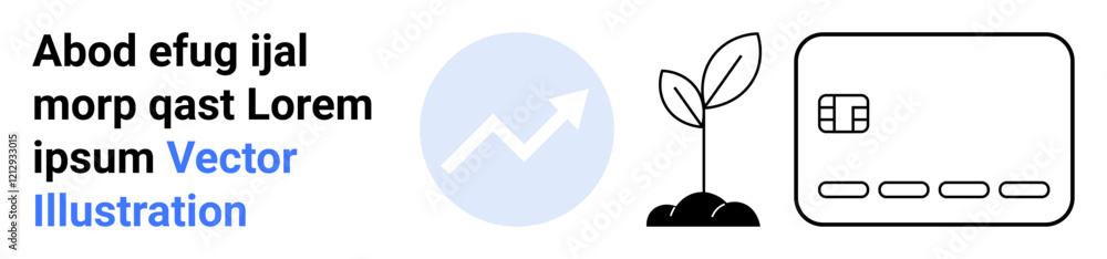 Rising chart within blue circle signifying growth, a sprouting seedling representing sustainability, and a credit card indicating finance. Ideal for business growth, finance, sustainability Rising chart within blue circle signifying growth, a sprouting seedling representing sustainability, and a credit card indicating finance. Ideal for business growth, finance, sustainability