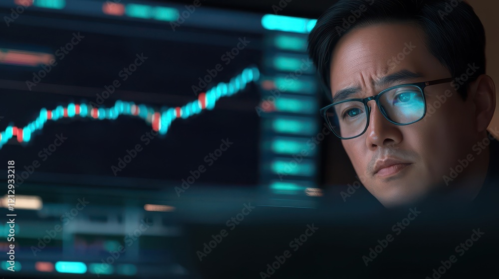 Traders analyze market trends in a dimly lit room wide shot capturing dynamic activity and copy space Traders analyze market trends in a dimly lit room wide shot capturing dynamic activity and copy space