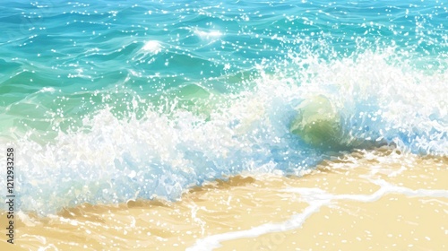 Ocean wave crashing on sunny beach, background sky