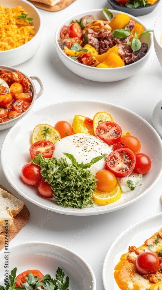 Vibrant food styling featuring colorful dishes on an artistically laid table bright light top-down angle Vibrant food styling featuring colorful dishes on an artistically laid table bright light top-down angle