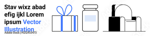 Gift box with blue ribbon, medicine bottle, and duffle bag beside random placeholder text. Ideal for minimalistic design, online stores, e-commerce, product catalogues, advertising, health