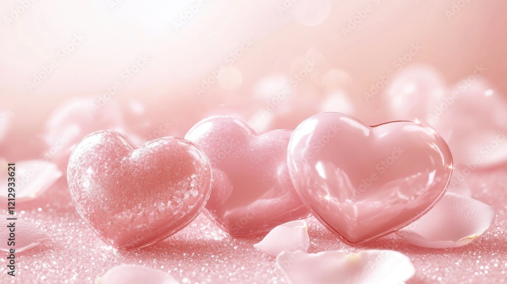 Obraz premium Romantic Heart-Shaped Accents with Cascading Rose Petals, Soft Pink Background, Digital Art, Elegant Atmosphere, Close-Up View