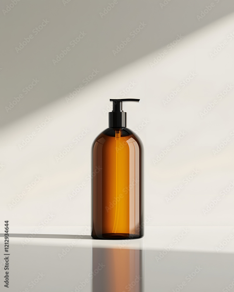 Elegant amber glass bottle with pump on a minimalistic surface illuminated by soft light Elegant amber glass bottle with pump on a minimalistic surface illuminated by soft light